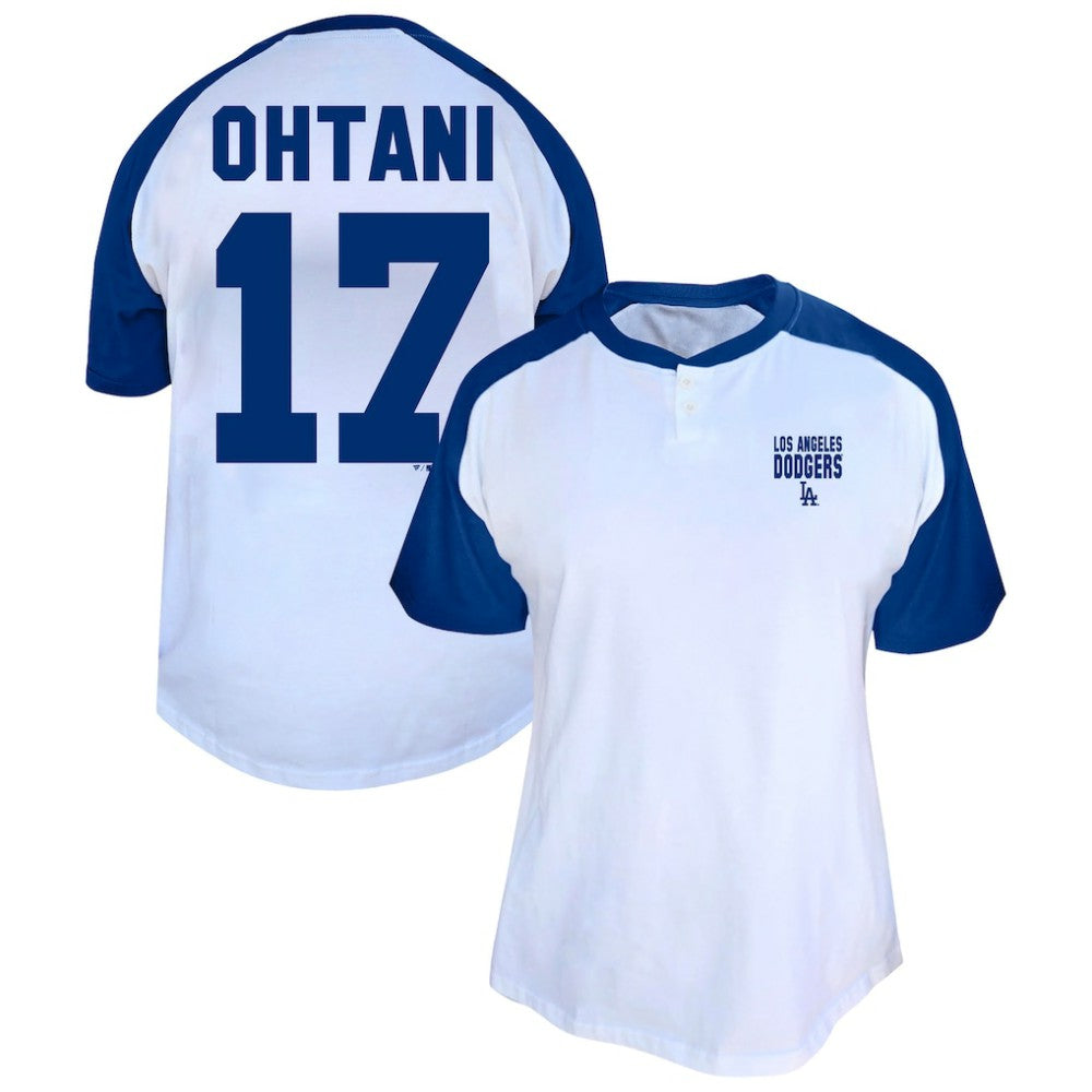 Shohei Ohtani Los Angeles Dodgers Profile Women's Plus Size Name & Number Raglan Henley T-Shirt - White