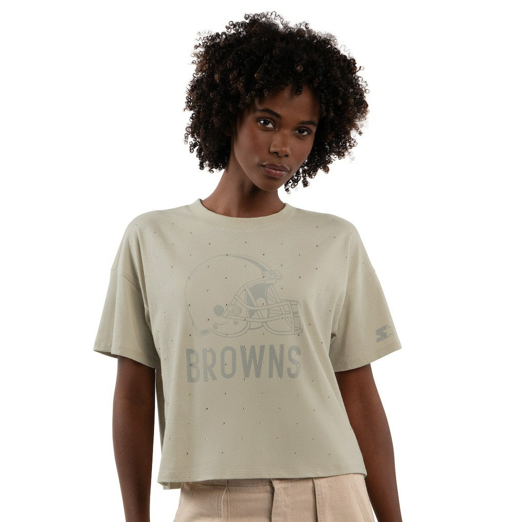 Cleveland Browns Starter Women's Rhinestone Sprinkle Boxy Cropped T-Shirt - Khaki discount