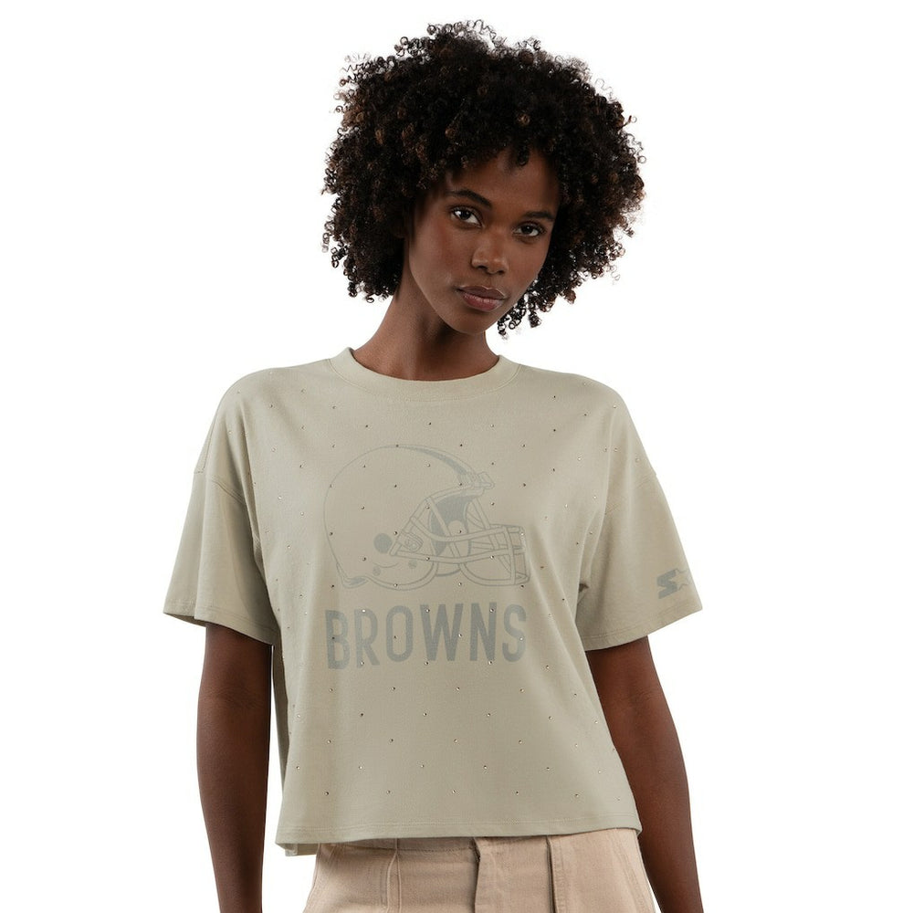 Cleveland Browns Starter Women's Rhinestone Sprinkle Boxy Cropped T-Shirt - Khaki discount