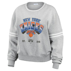 New York Knicks WEAR by Erin Andrews Women's Sleeve Stripe Fleece Crewneck Sweatshirt - Gray discount