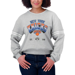 New York Knicks WEAR by Erin Andrews Women's Sleeve Stripe Fleece Crewneck Sweatshirt - Gray discount
