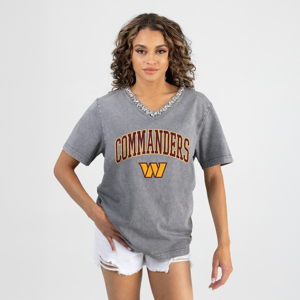 Washington Commanders Gameday Couture Women's Relaxed Iconic Edge Rhinestone V-Neck T-Shirt - Gray on sale