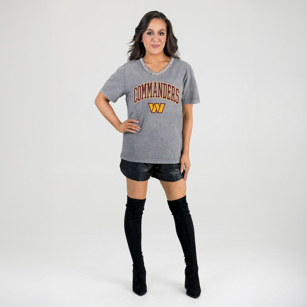Washington Commanders Gameday Couture Women's Relaxed Iconic Edge Rhinestone V-Neck T-Shirt - Gray on sale