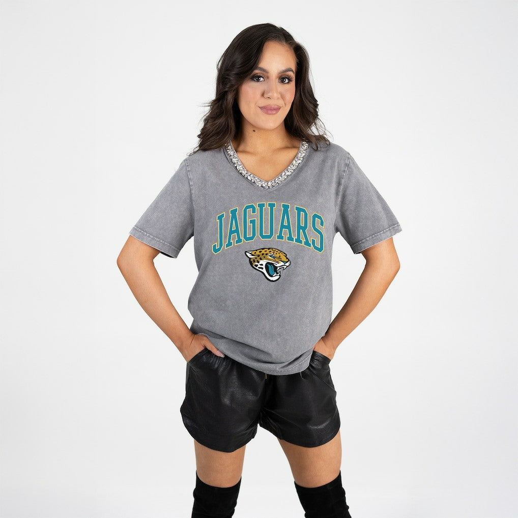Jacksonville Jaguars Gameday Couture Women's Relaxed Iconic Edge Rhinestone V-Neck T-Shirt - Gray online