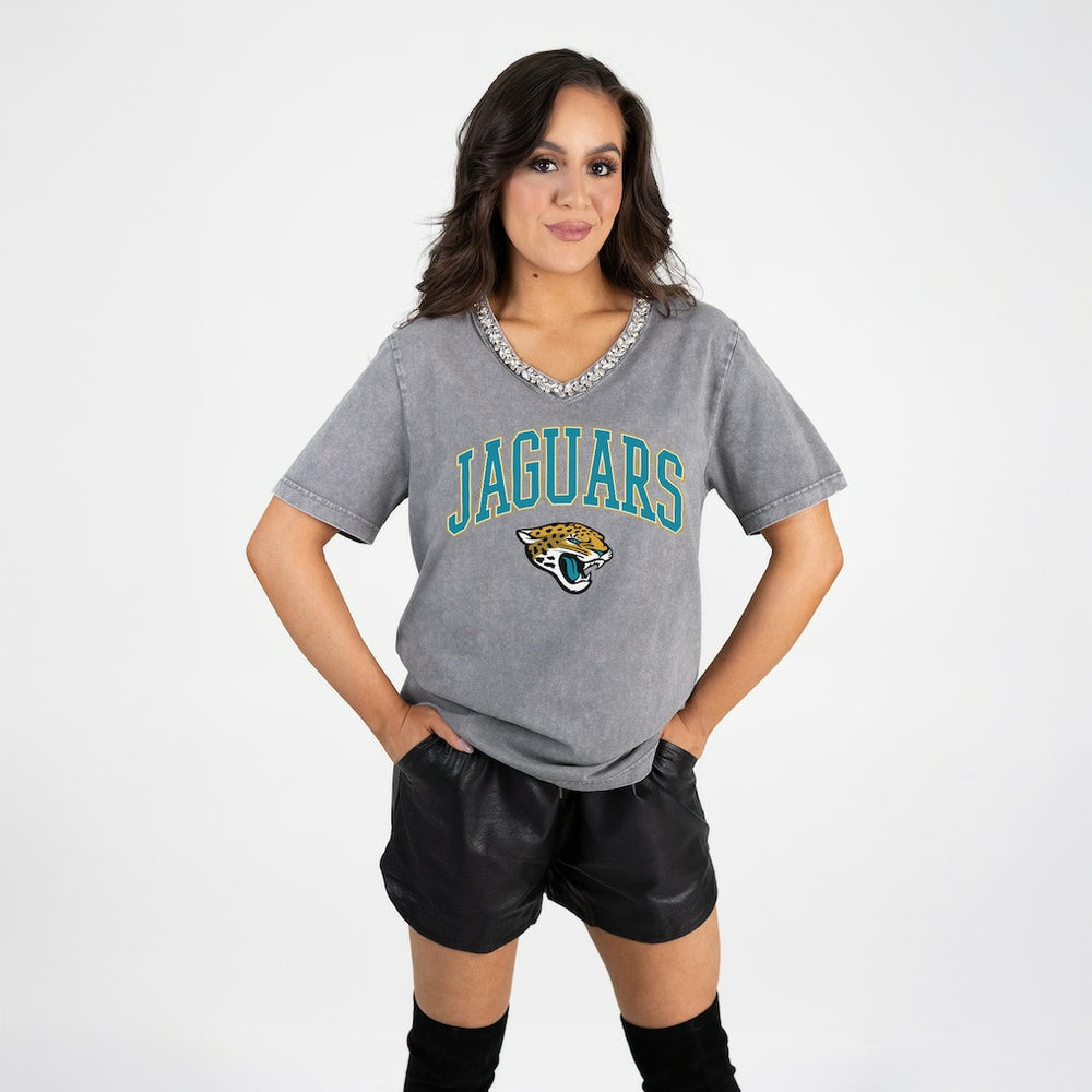Jacksonville Jaguars Gameday Couture Women's Relaxed Iconic Edge Rhinestone V-Neck T-Shirt - Gray online