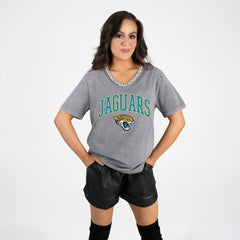 Jacksonville Jaguars Gameday Couture Women's Relaxed Iconic Edge Rhinestone V-Neck T-Shirt - Gray online