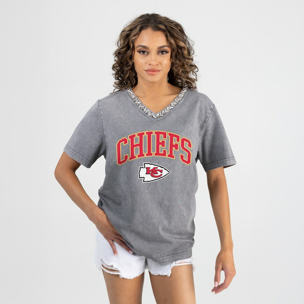 Kansas City Chiefs Gameday Couture Women's Relaxed Iconic Edge Rhinestone V-Neck T-Shirt - Gray discount