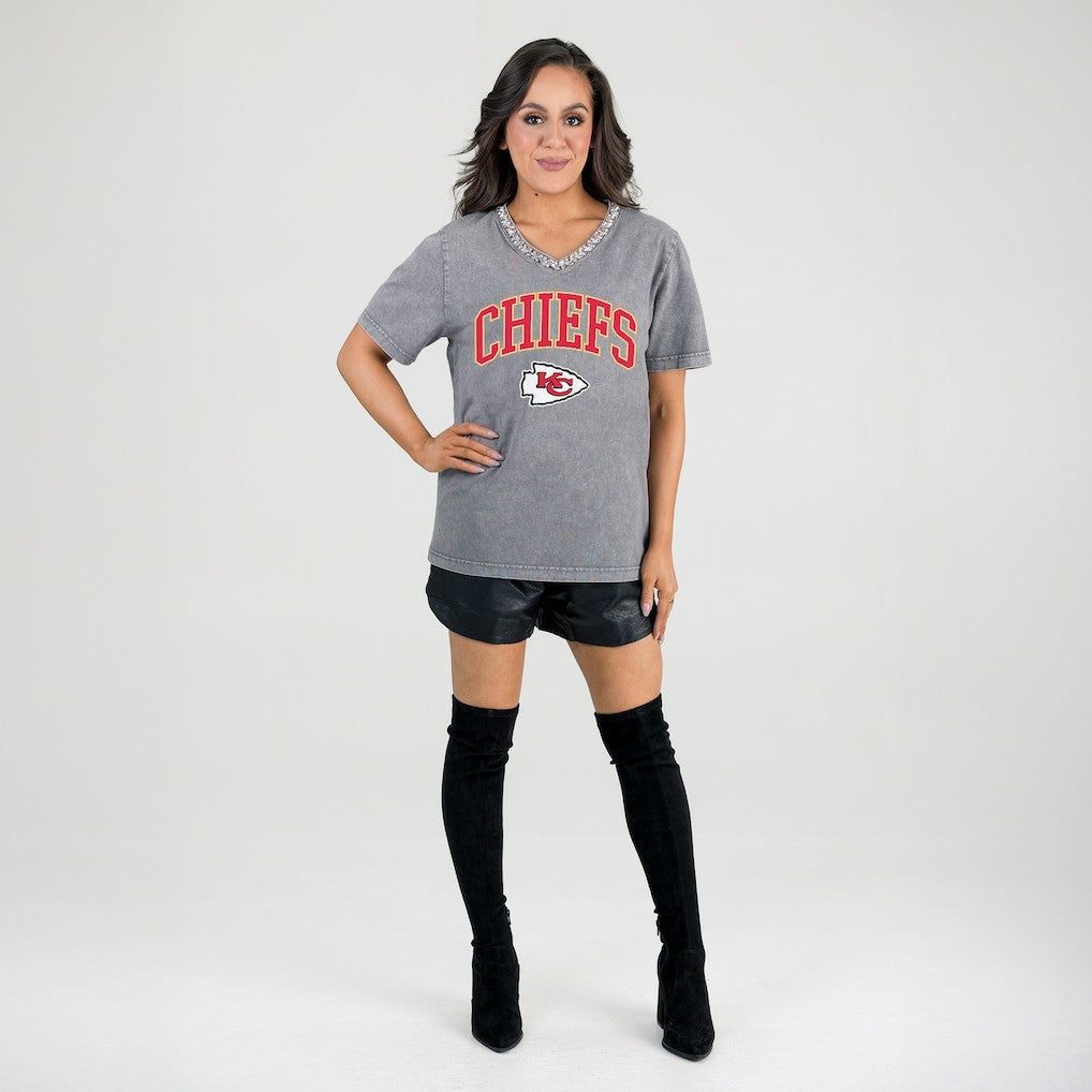 Kansas City Chiefs Gameday Couture Women's Relaxed Iconic Edge Rhinestone V-Neck T-Shirt - Gray discount