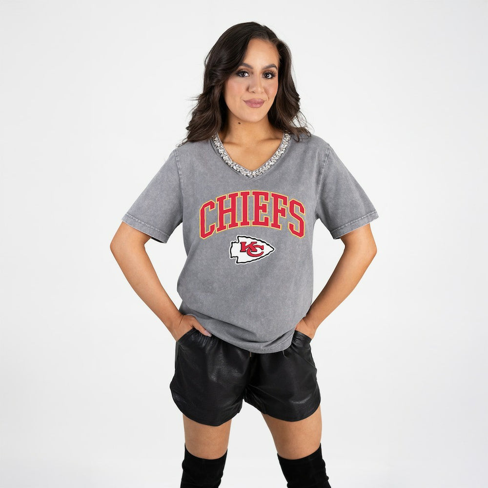 Kansas City Chiefs Gameday Couture Women's Relaxed Iconic Edge Rhinestone V-Neck T-Shirt - Gray discount