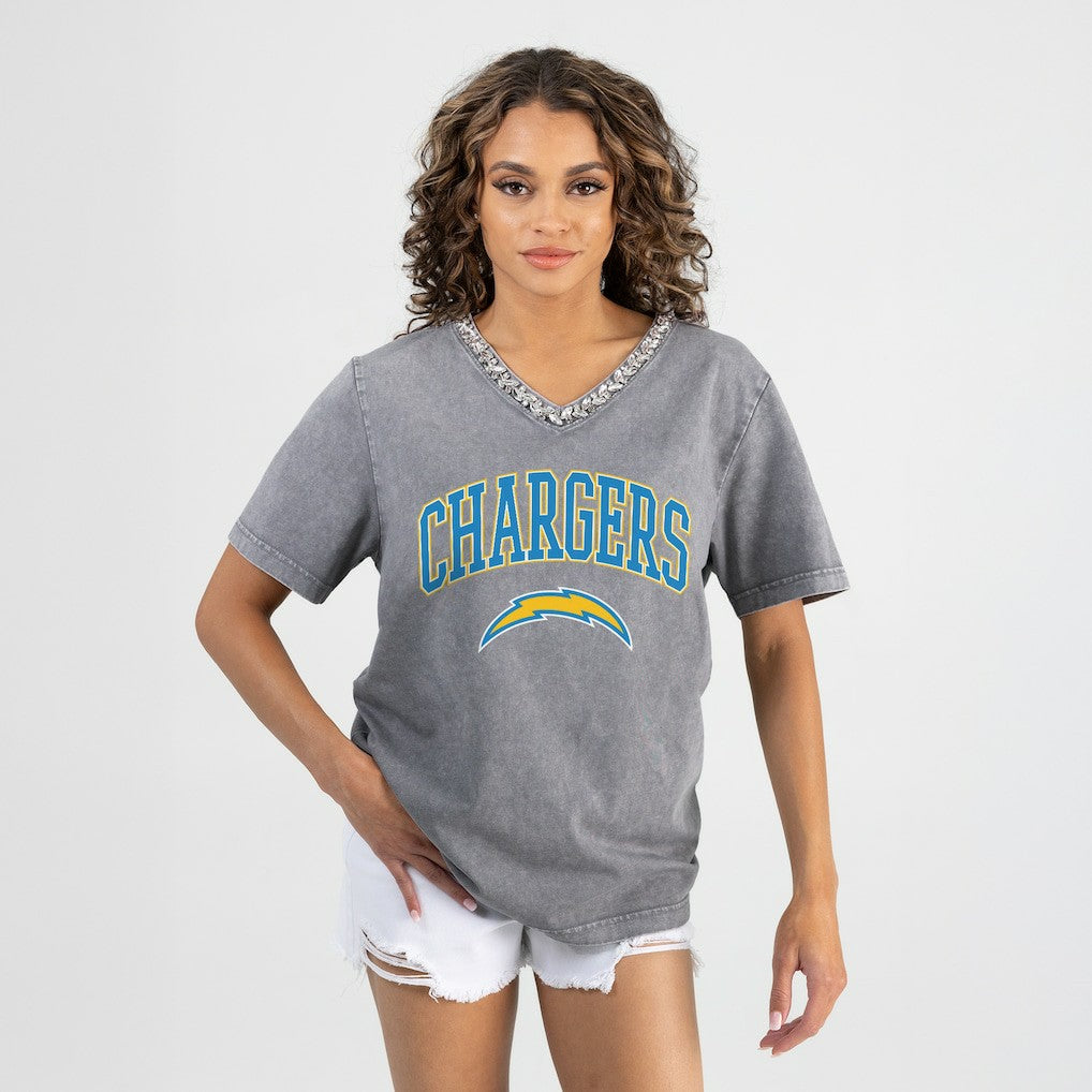 Los Angeles Chargers Gameday Couture Women's Relaxed Iconic Edge Rhinestone V-Neck T-Shirt - Gray for sale