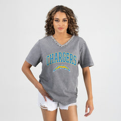 Los Angeles Chargers Gameday Couture Women's Relaxed Iconic Edge Rhinestone V-Neck T-Shirt - Gray for sale