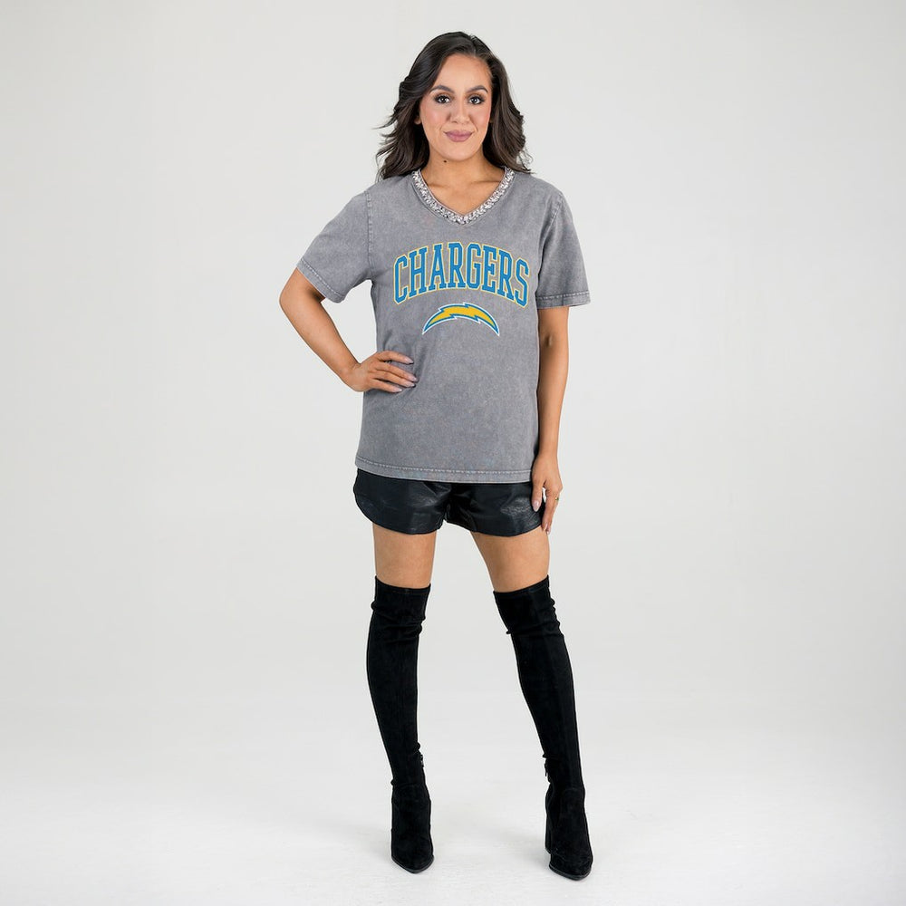 Los Angeles Chargers Gameday Couture Women's Relaxed Iconic Edge Rhinestone V-Neck T-Shirt - Gray for sale