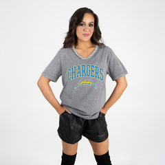 Los Angeles Chargers Gameday Couture Women's Relaxed Iconic Edge Rhinestone V-Neck T-Shirt - Gray for sale