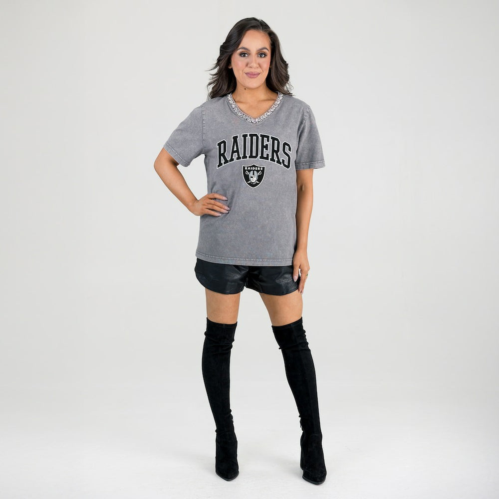 Las Vegas Raiders Gameday Couture Women's Relaxed Iconic Edge Rhinestone V-Neck T-Shirt - Gray for sale