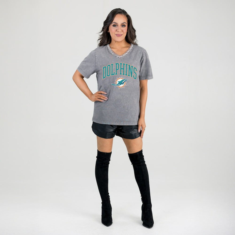 Miami Dolphins Gameday Couture Women's Relaxed Iconic Edge Rhinestone V-Neck T-Shirt - Gray for sale