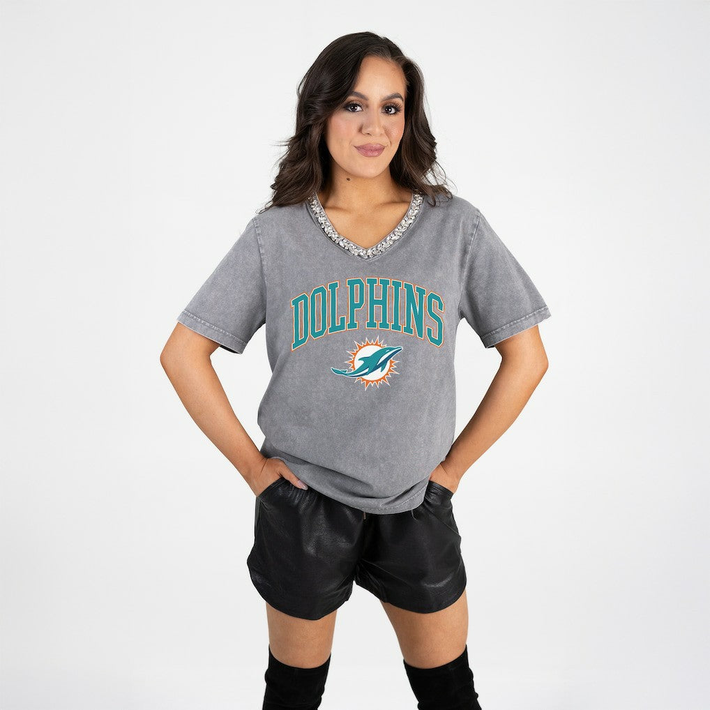 Miami Dolphins Gameday Couture Women's Relaxed Iconic Edge Rhinestone V-Neck T-Shirt - Gray for sale