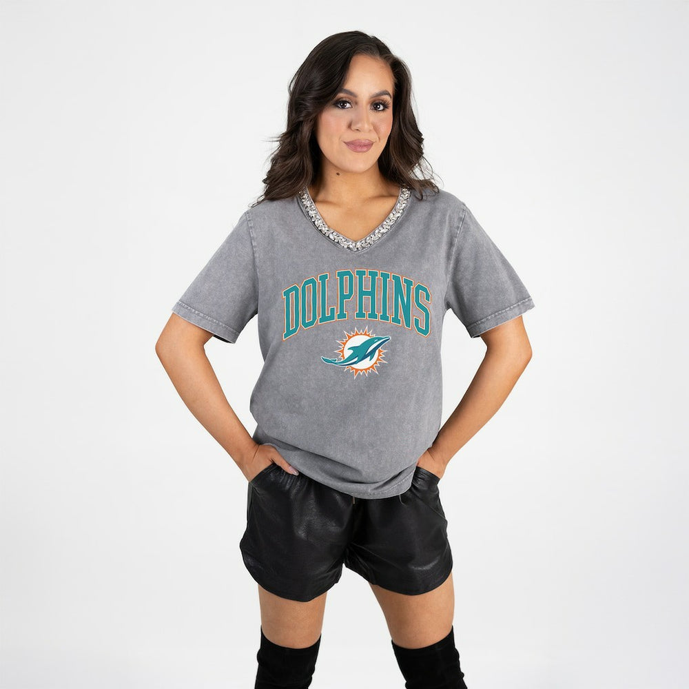 Miami Dolphins Gameday Couture Women's Relaxed Iconic Edge Rhinestone V-Neck T-Shirt - Gray for sale