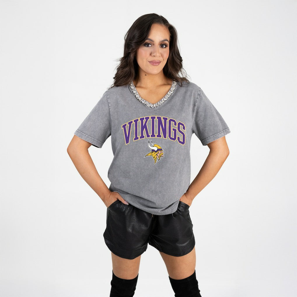 Minnesota Vikings Gameday Couture Women's Relaxed Iconic Edge Rhinestone V-Neck T-Shirt - Gray outlet