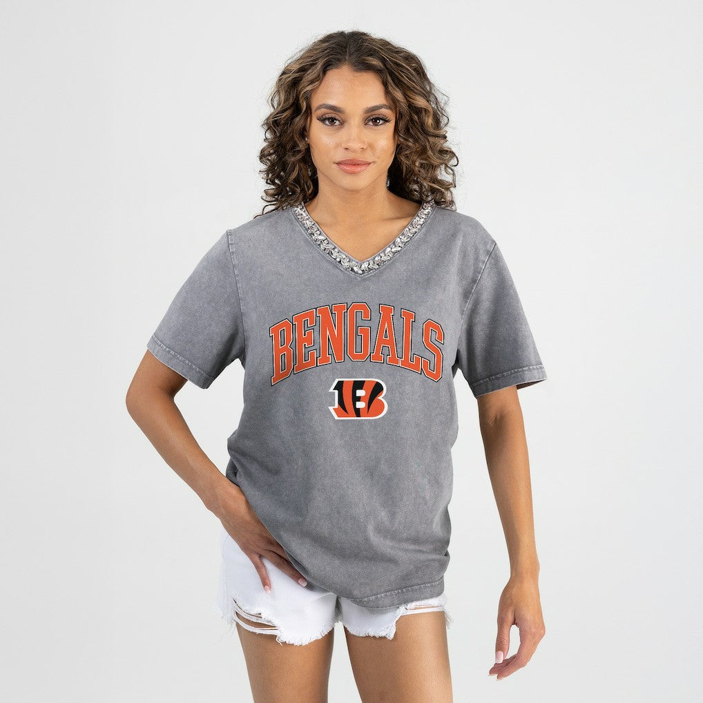 Cincinnati Bengals Gameday Couture Women's Relaxed Iconic Edge Rhinestone V-Neck T-Shirt - Gray discount