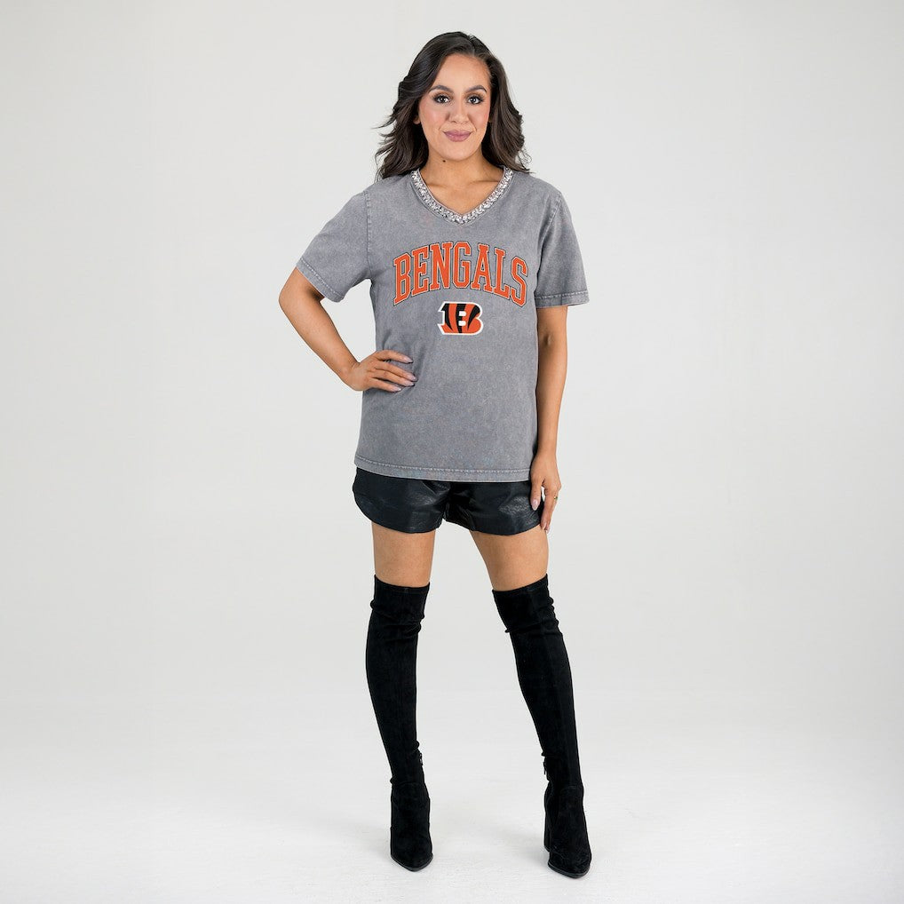 Cincinnati Bengals Gameday Couture Women's Relaxed Iconic Edge Rhinestone V-Neck T-Shirt - Gray discount