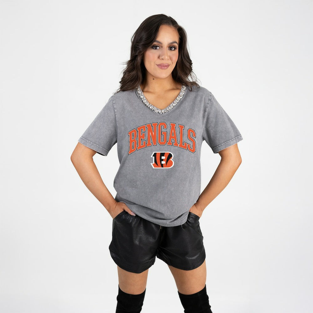 Cincinnati Bengals Gameday Couture Women's Relaxed Iconic Edge Rhinestone V-Neck T-Shirt - Gray discount