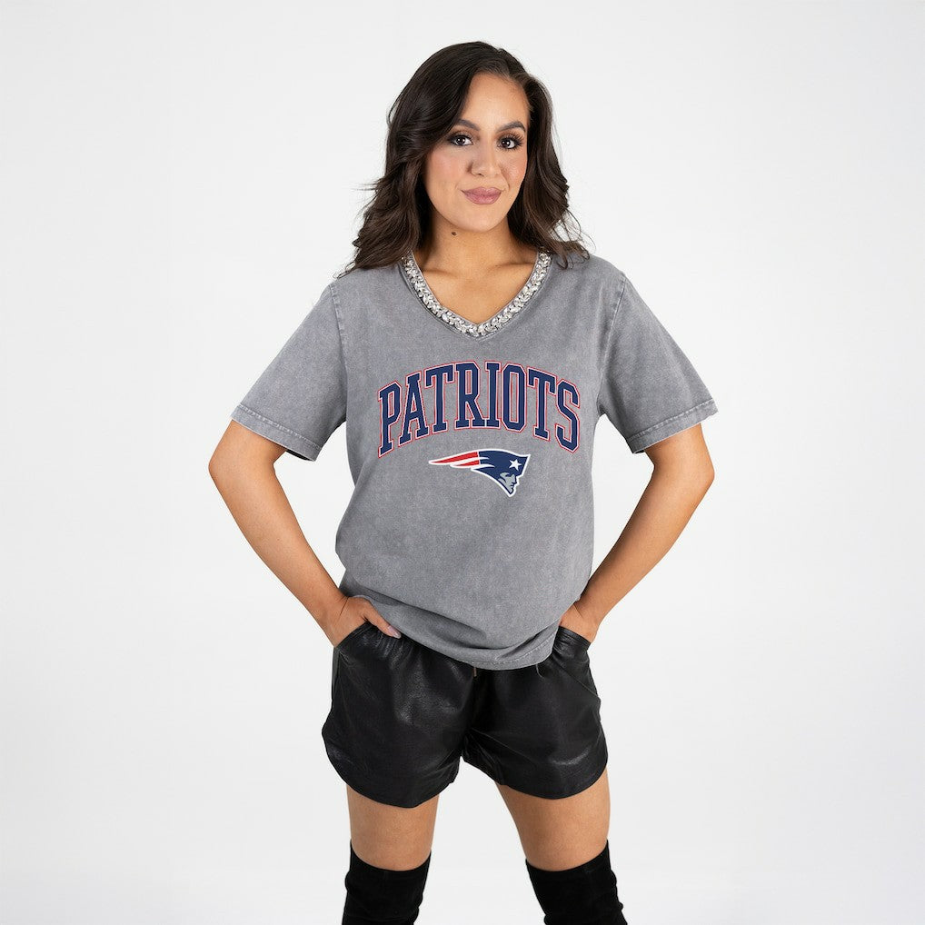 New England Patriots Gameday Couture Women's Relaxed Iconic Edge Rhinestone V-Neck T-Shirt - Gray outlet