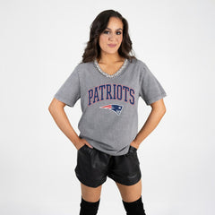 New England Patriots Gameday Couture Women's Relaxed Iconic Edge Rhinestone V-Neck T-Shirt - Gray outlet