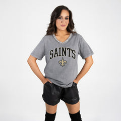 New Orleans Saints Gameday Couture Women's Relaxed Iconic Edge Rhinestone V-Neck T-Shirt - Gray sale