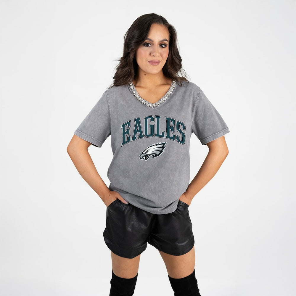 Philadelphia Eagles Gameday Couture Women's Relaxed Iconic Edge Rhinestone V-Neck T-Shirt - Gray on sale