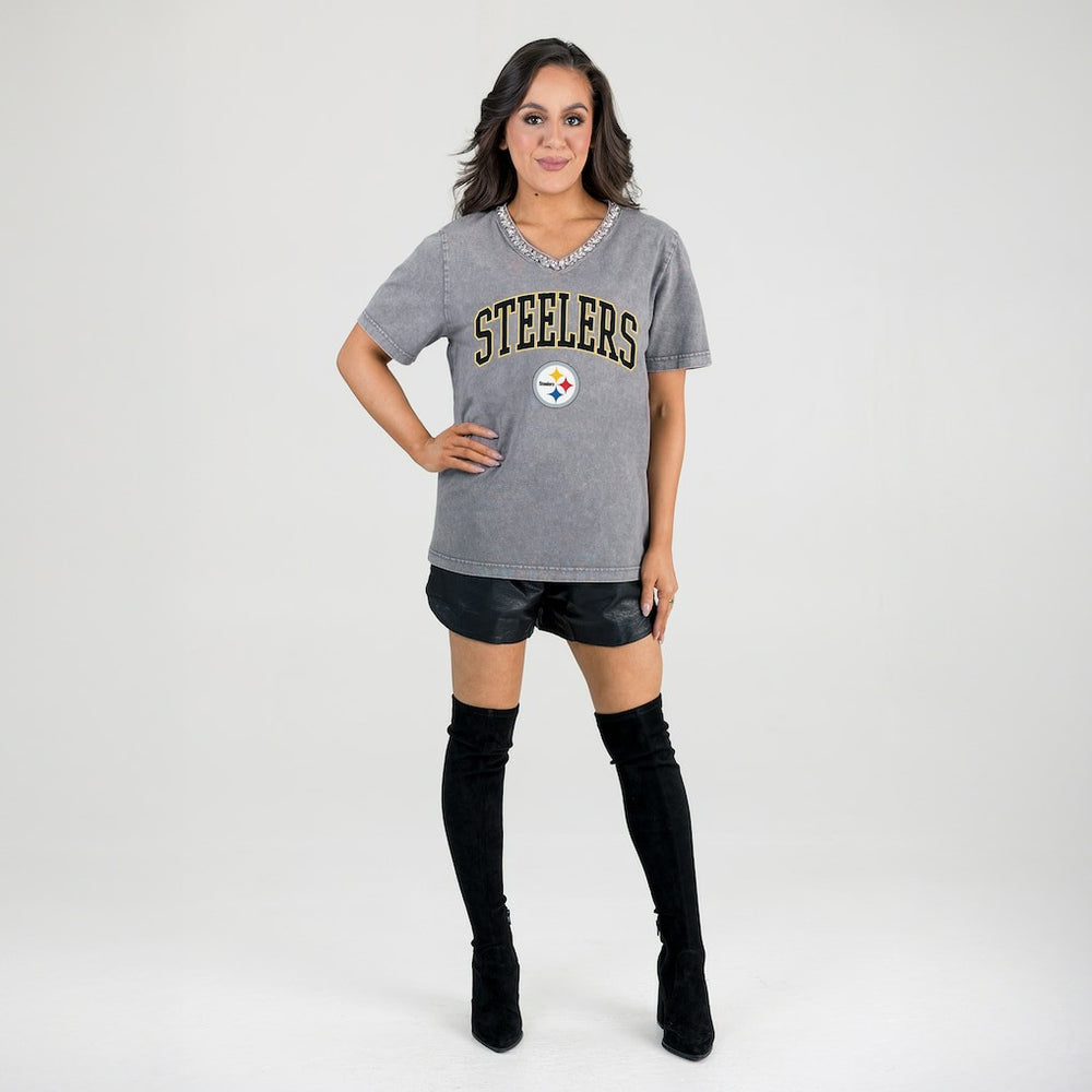 Pittsburgh Steelers Gameday Couture Women's Relaxed Iconic Edge Rhinestone V-Neck T-Shirt - Gray cheap