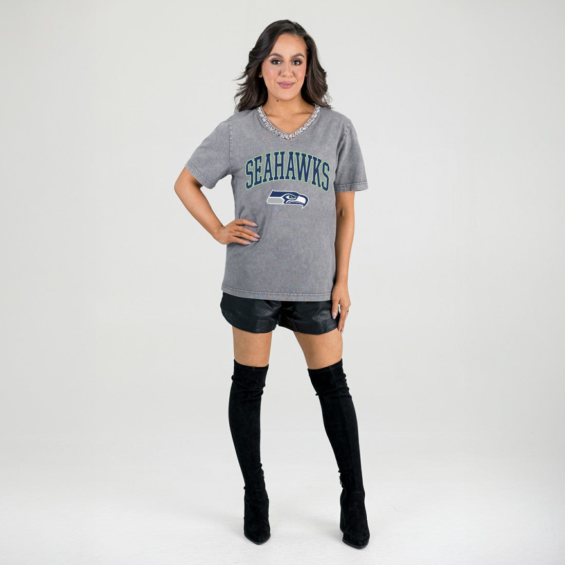 Seattle Seahawks Gameday Couture Women's Relaxed Iconic Edge Rhinestone V-Neck T-Shirt - Gray discount