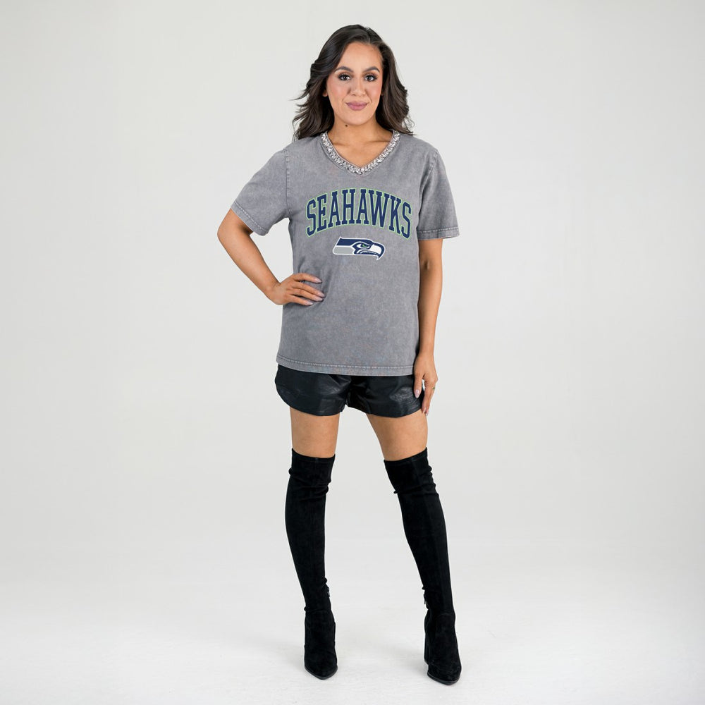 Seattle Seahawks Gameday Couture Women's Relaxed Iconic Edge Rhinestone V-Neck T-Shirt - Gray discount