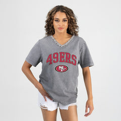 San Francisco 49ers Gameday Couture Women's Relaxed Iconic Edge Rhinestone V-Neck T-Shirt - Gray discount