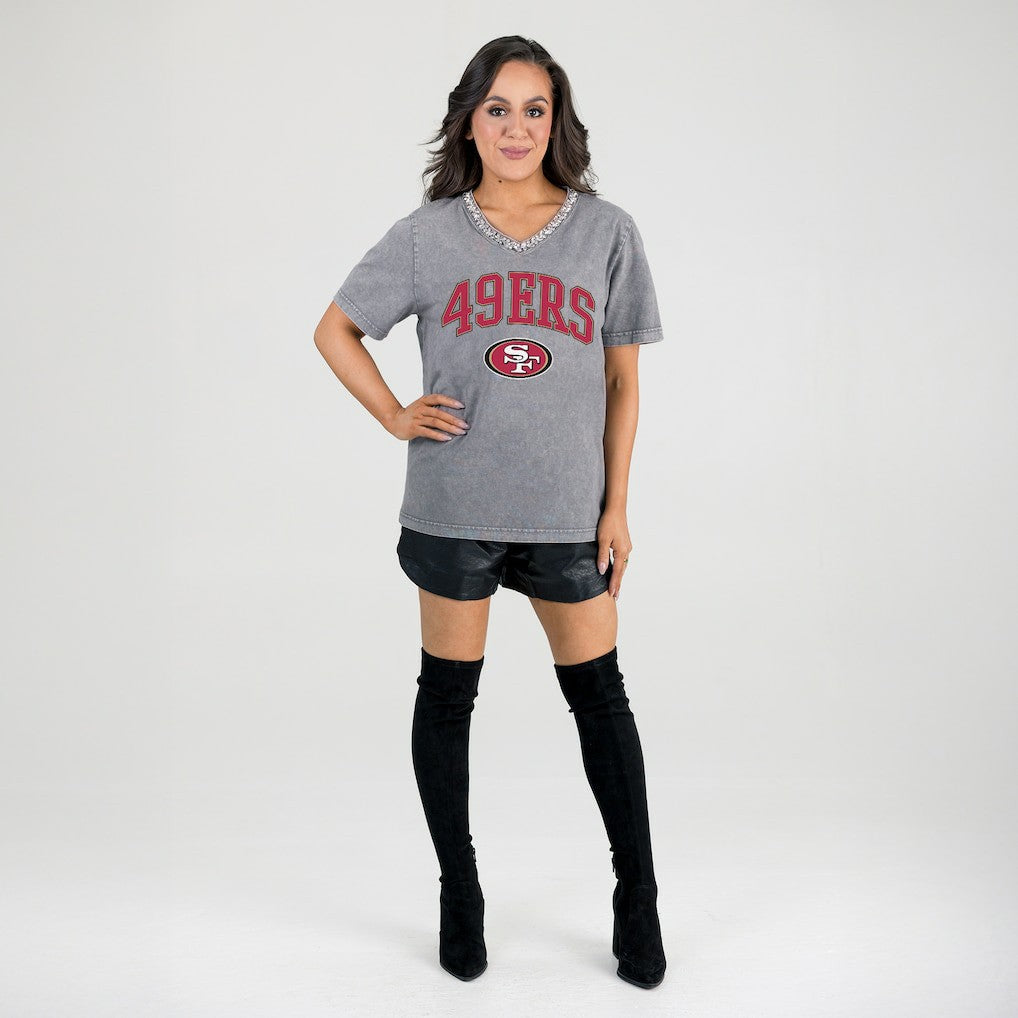 San Francisco 49ers Gameday Couture Women's Relaxed Iconic Edge Rhinestone V-Neck T-Shirt - Gray discount