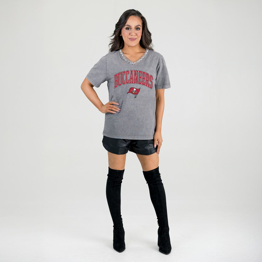 Tampa Bay Buccaneers Gameday Couture Women's Relaxed Iconic Edge Rhinestone V-Neck T-Shirt - Gray discount