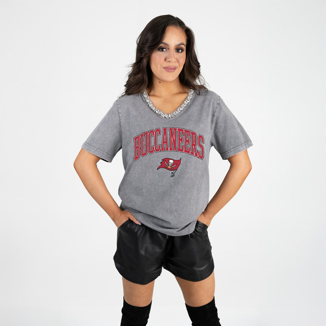 Tampa Bay Buccaneers Gameday Couture Women's Relaxed Iconic Edge Rhinestone V-Neck T-Shirt - Gray discount