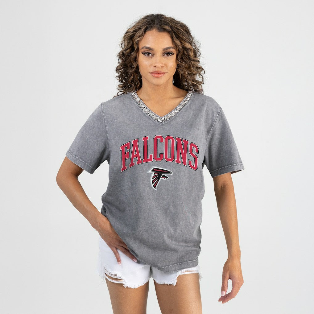 Atlanta Falcons Gameday Couture Women's Relaxed Iconic Edge Rhinestone V-Neck T-Shirt - Gray on sale