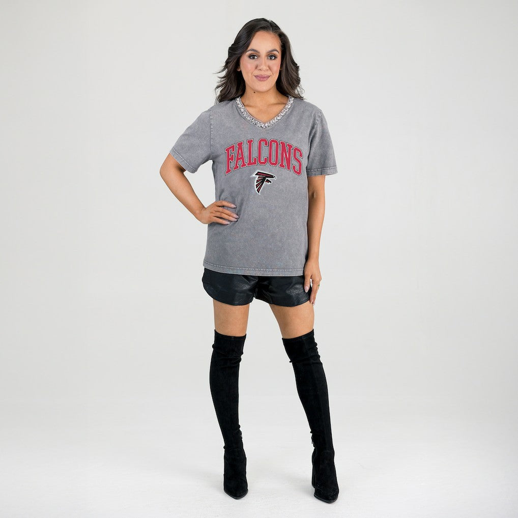 Atlanta Falcons Gameday Couture Women's Relaxed Iconic Edge Rhinestone V-Neck T-Shirt - Gray on sale