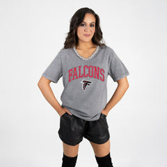 Atlanta Falcons Gameday Couture Women's Relaxed Iconic Edge Rhinestone V-Neck T-Shirt - Gray on sale