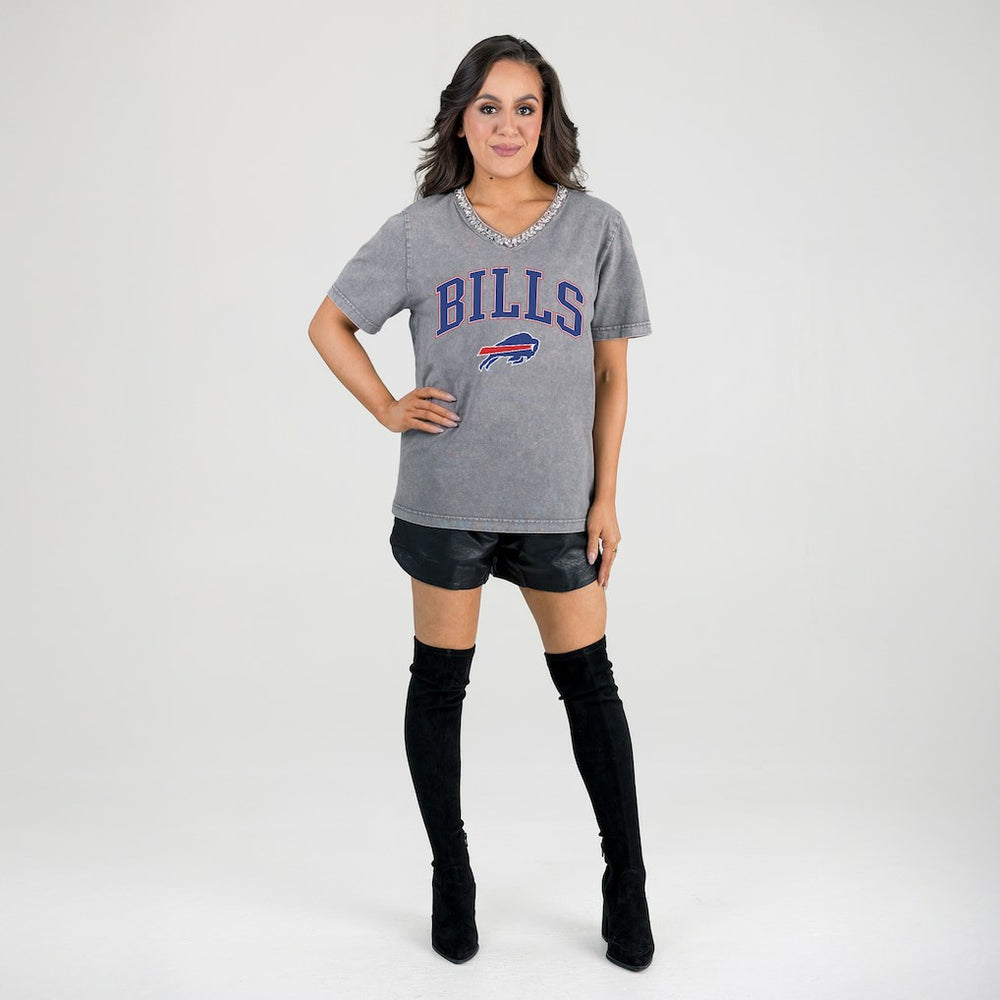 Buffalo Bills Gameday Couture Women's Relaxed Iconic Edge Rhinestone V-Neck T-Shirt - Gray discount