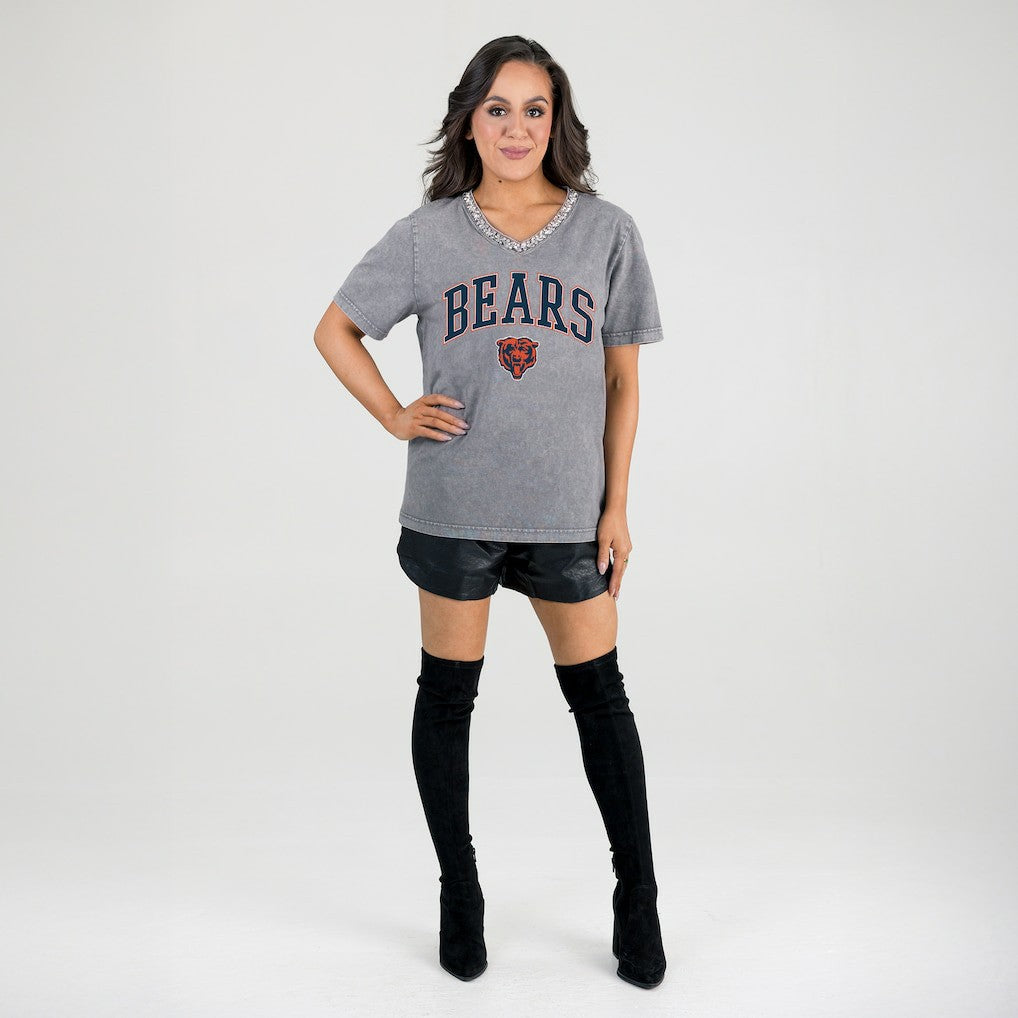 Chicago Bears Gameday Couture Women's Relaxed Iconic Edge Rhinestone V-Neck T-Shirt - Gray on sale