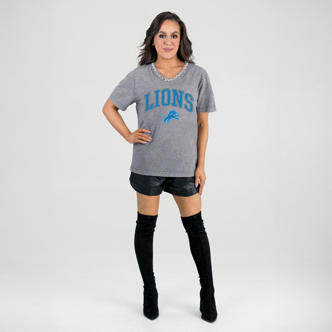 Detroit Lions Gameday Couture Women's Relaxed Iconic Edge Rhinestone V-Neck T-Shirt - Gray outlet