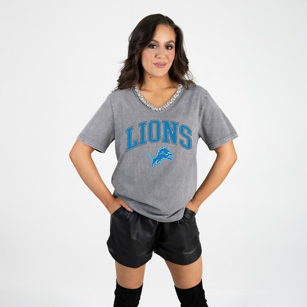 Detroit Lions Gameday Couture Women's Relaxed Iconic Edge Rhinestone V-Neck T-Shirt - Gray outlet