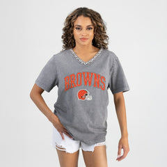 Cleveland Browns Gameday Couture Women's Relaxed Iconic Edge Rhinestone V-Neck T-Shirt - Gray on sale