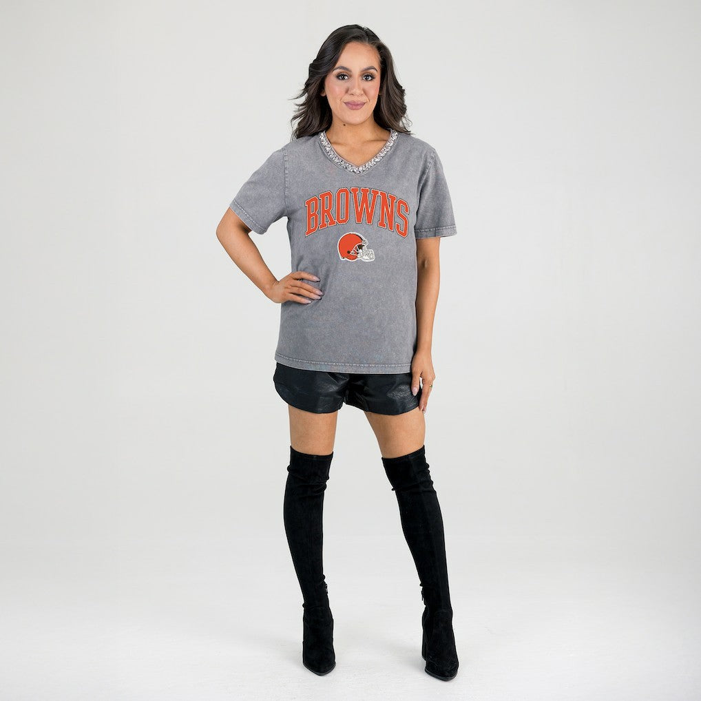 Cleveland Browns Gameday Couture Women's Relaxed Iconic Edge Rhinestone V-Neck T-Shirt - Gray on sale