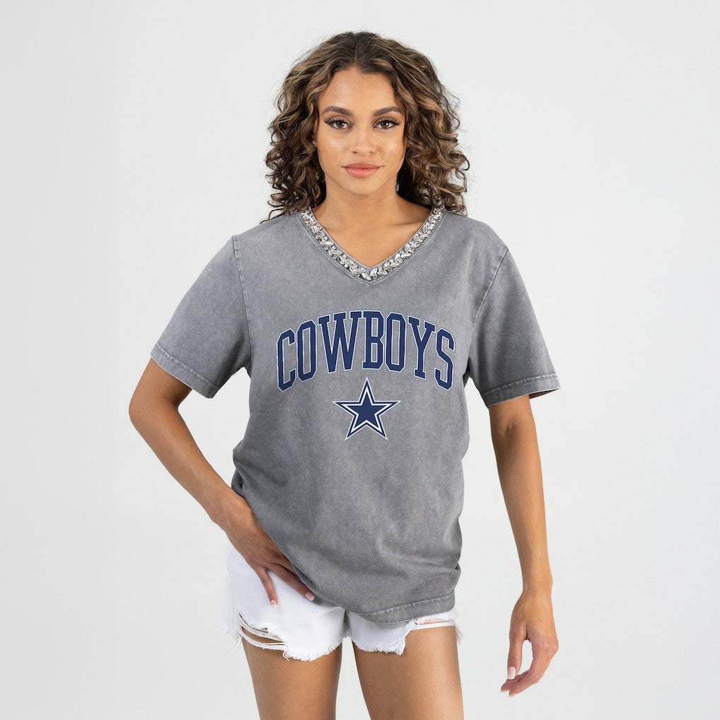 Dallas Cowboys Gameday Couture Women's Relaxed Iconic Edge Rhinestone V-Neck T-Shirt - Gray on sale