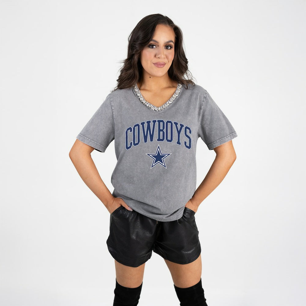 Dallas Cowboys Gameday Couture Women's Relaxed Iconic Edge Rhinestone V-Neck T-Shirt - Gray on sale