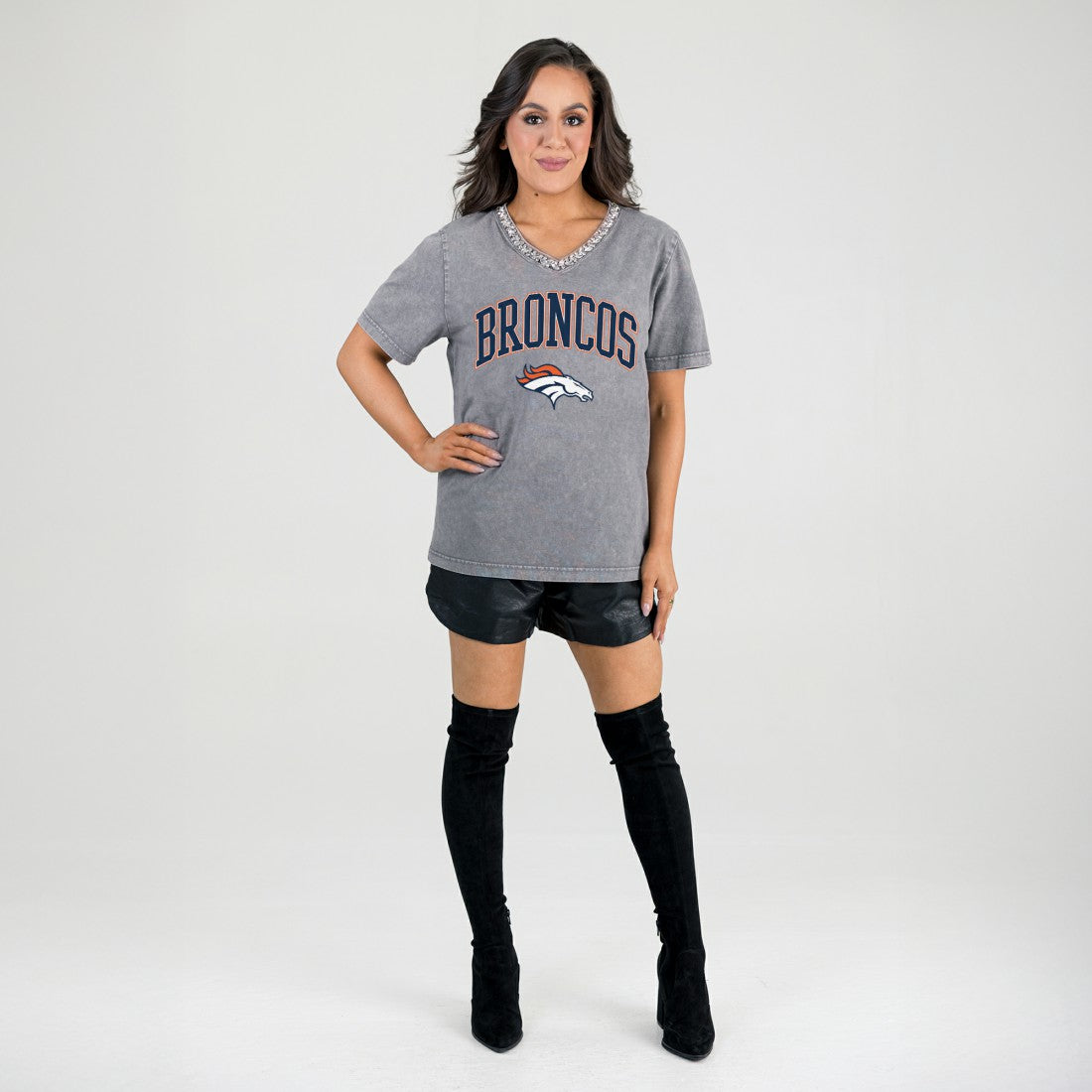 Denver Broncos Gameday Couture Women's Relaxed Iconic Edge Rhinestone V-Neck T-Shirt - Gray cheap
