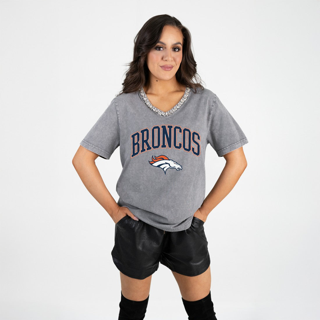 Denver Broncos Gameday Couture Women's Relaxed Iconic Edge Rhinestone V-Neck T-Shirt - Gray cheap
