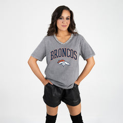 Denver Broncos Gameday Couture Women's Relaxed Iconic Edge Rhinestone V-Neck T-Shirt - Gray cheap